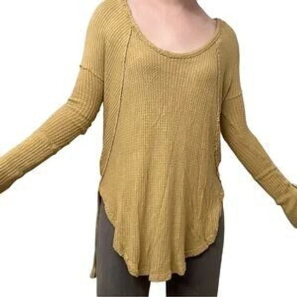 Free People Waffle Knit Long‎ Sleeve Top Shirt Mustard Yellow Size S